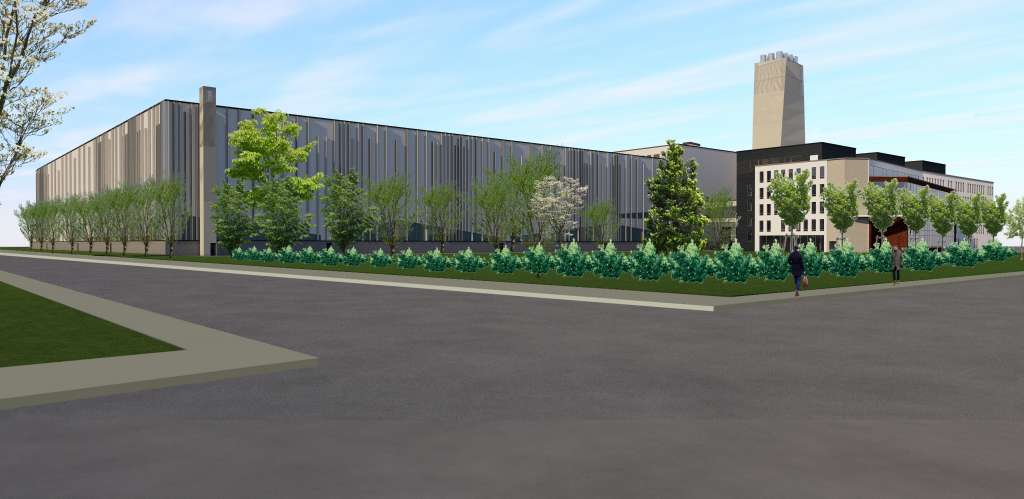 Havainnekuva Smart Technology Hubista ja toimistorakennuksesta Frilundintieltä.